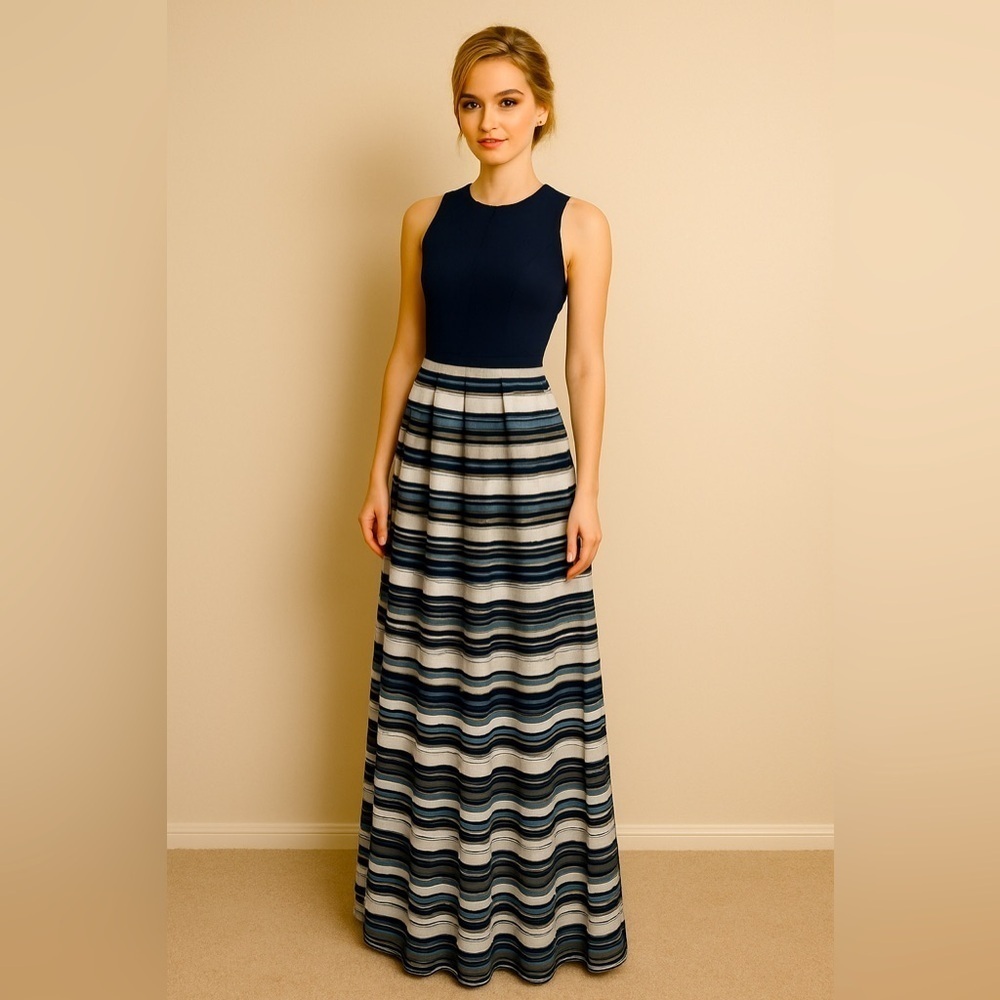 Theia Navy & White Nautical Stripe Jacquard Taffeta Full Skirt Formal Gown 4